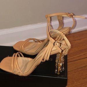 Beige Heels with dangling rhinestone heel design size 7